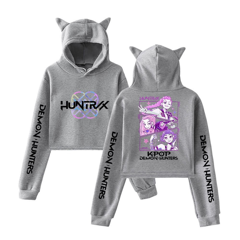 New K-POP Demon Hunter Girl Group Personality Women's Fashion Crop Top Cat Ear Hoodie