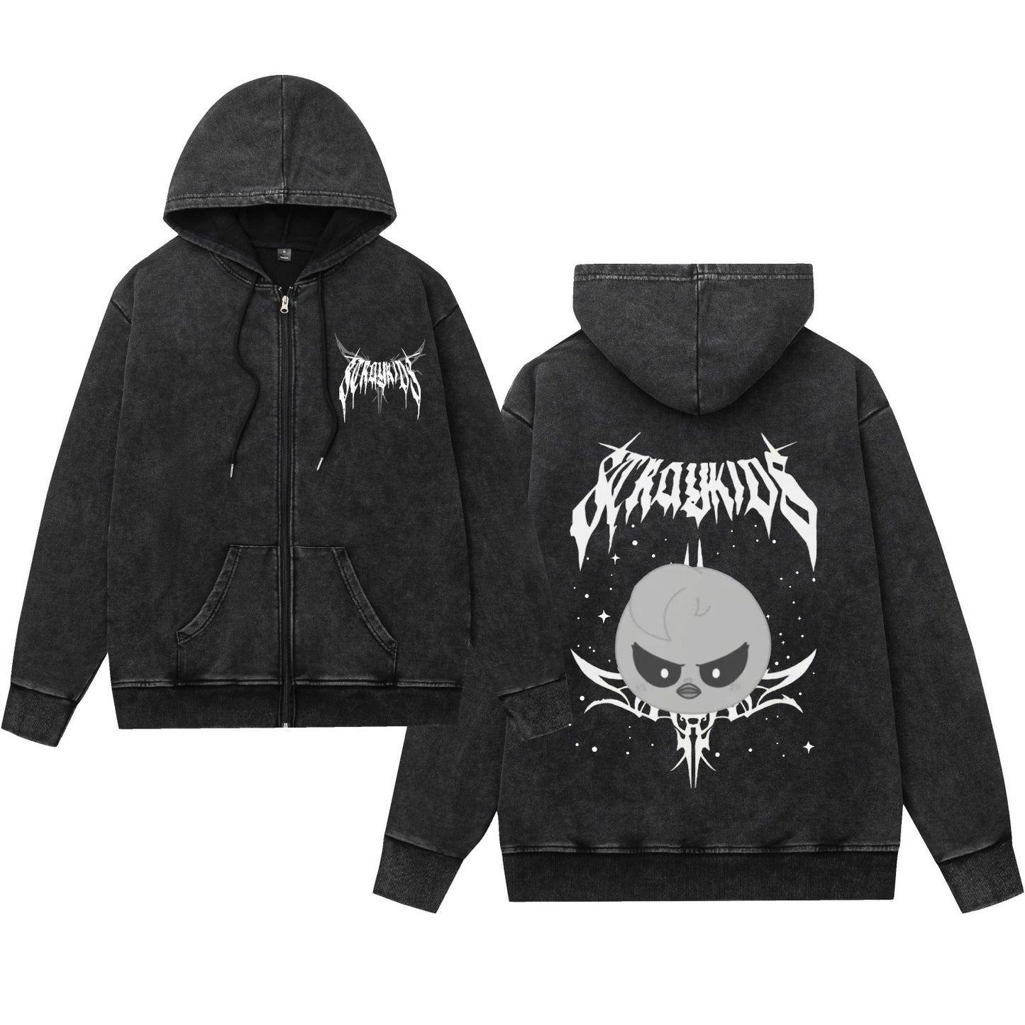 Washed Vintage Hooded Zip-Up Sweatshirt with Evil Cartoon Design