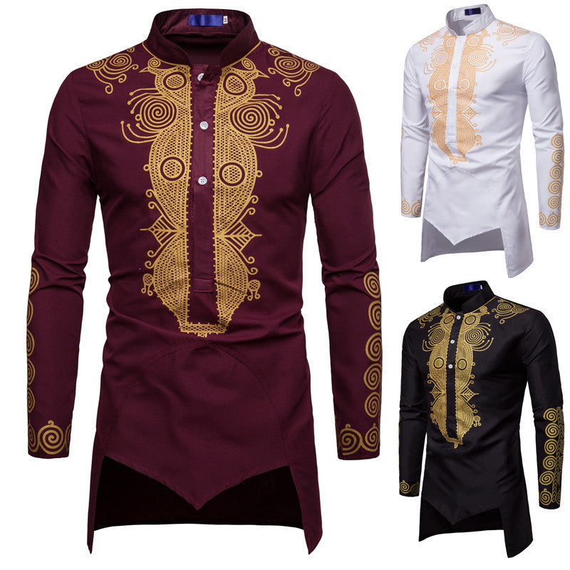 Long sleeved regular black youth all season universal stand up collar casual printed men's shirt