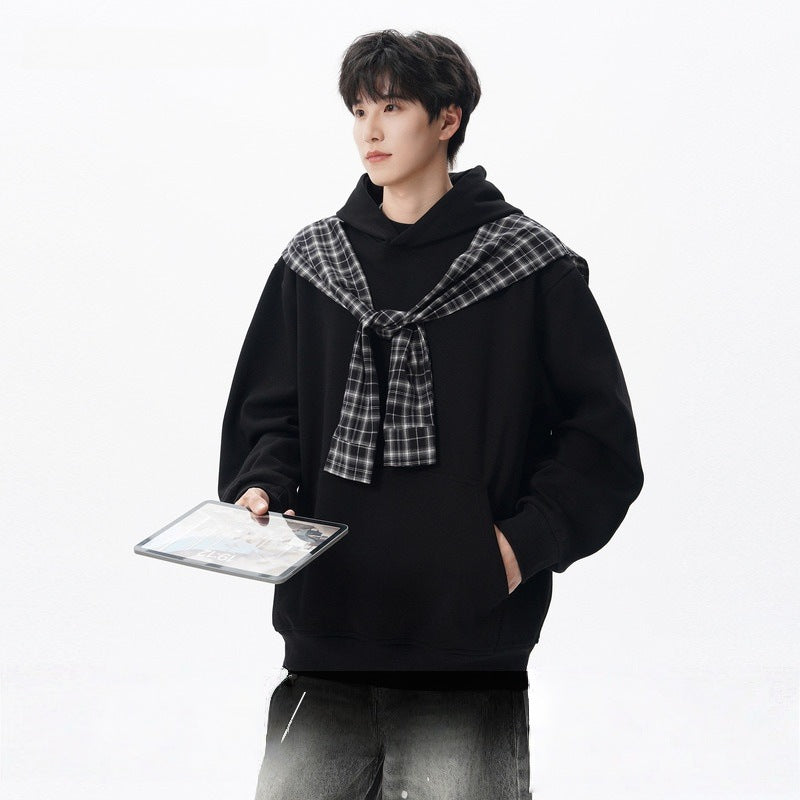Checkered shawl fake two piece hoodie for men and women