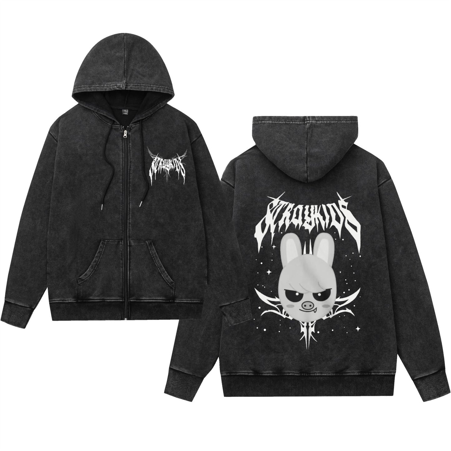 Washed Vintage Hooded Zip-Up Sweatshirt with Evil Cartoon Design