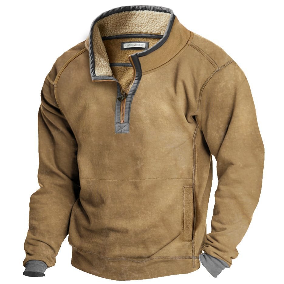 Men's Casual Hoodie with Stand Collar and Zipper Closure Fleece Lined Sweatshirt for Autumn and Winter