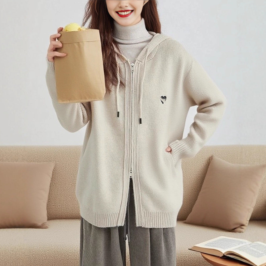 Hooded Double-Zip Knit Cardigan Women Loose Slim Casual Sweater Jacket