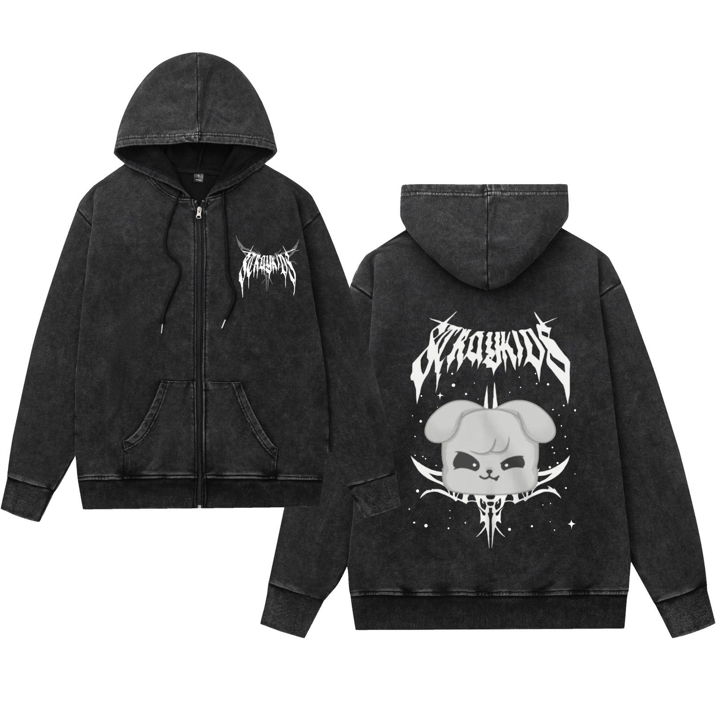 Washed Vintage Hooded Zip-Up Sweatshirt with Evil Cartoon Design