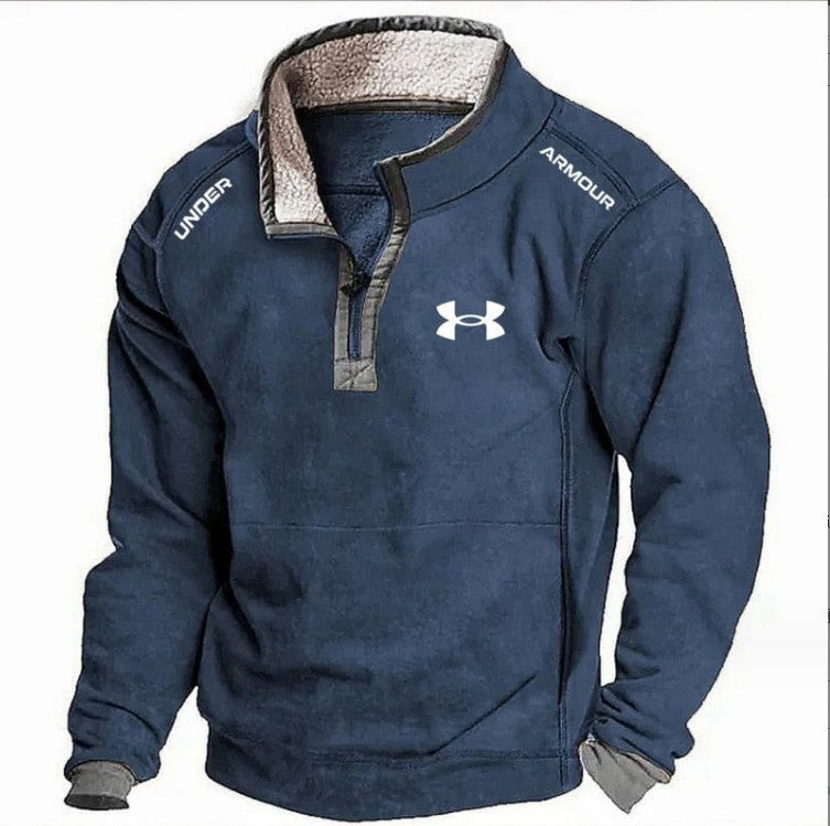 Men's Casual Hoodie with Stand Collar and Zipper Closure Fleece Lined Sweatshirt for Autumn and Winter