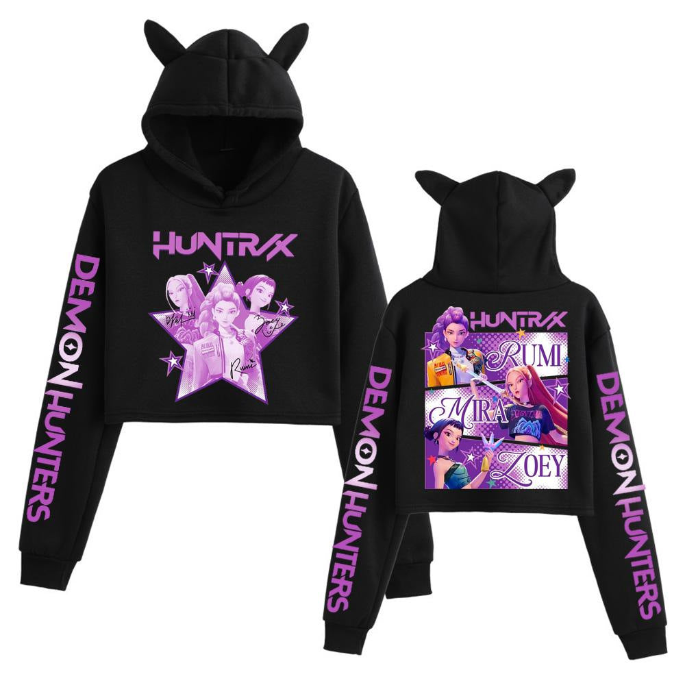 New K-POP Demon Hunter Girl Group Personality Women's Fashion Crop Top Cat Ear Hoodie