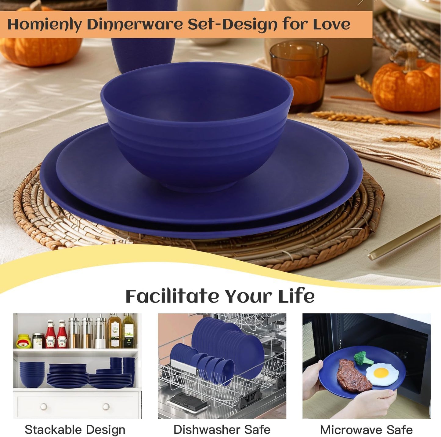 40 Pcs Wheat Straw Dinnerware Sets, Dinner Plates, Cups, Pasta Bowls, Dishes Set for 8, Microwave Safe Plates and Bowls Sets, Blue