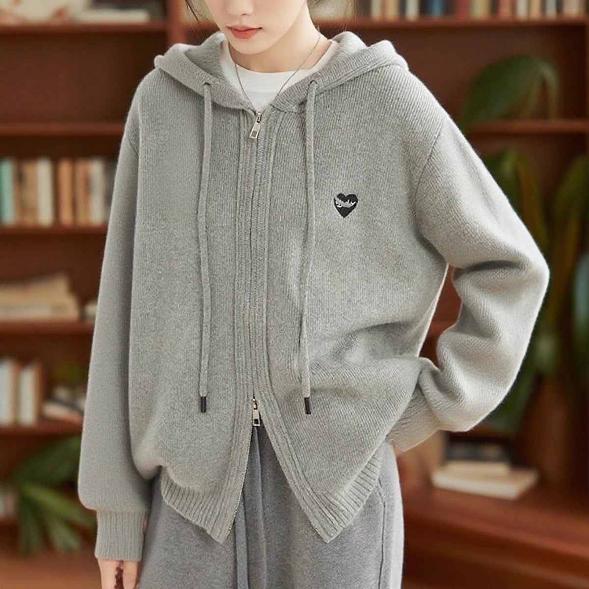 Hooded Double-Zip Knit Cardigan Women Loose Slim Casual Sweater Jacket