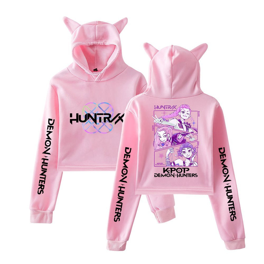 New K-POP Demon Hunter Girl Group Personality Women's Fashion Crop Top Cat Ear Hoodie