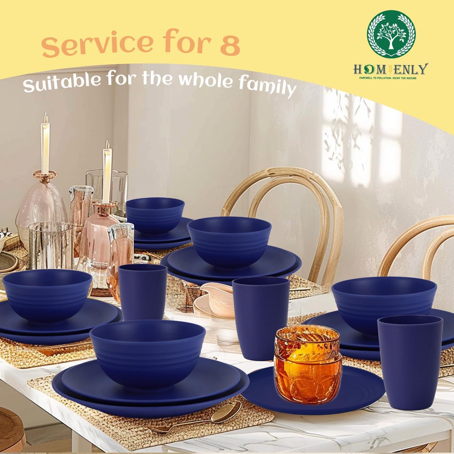 40 Pcs Wheat Straw Dinnerware Sets, Dinner Plates, Cups, Pasta Bowls, Dishes Set for 8, Microwave Safe Plates and Bowls Sets, Blue