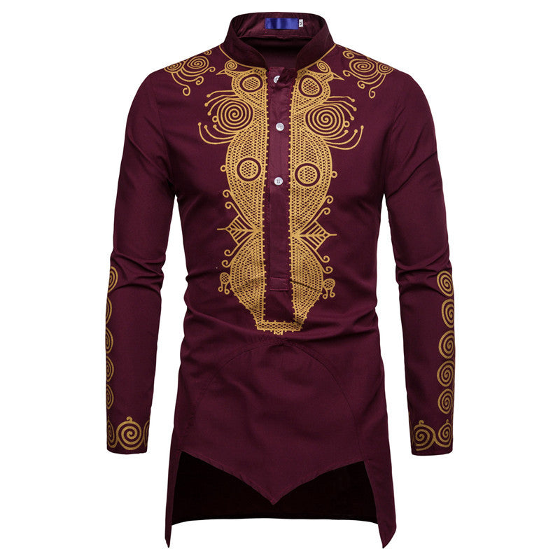 Long sleeved regular black youth all season universal stand up collar casual printed men's shirt