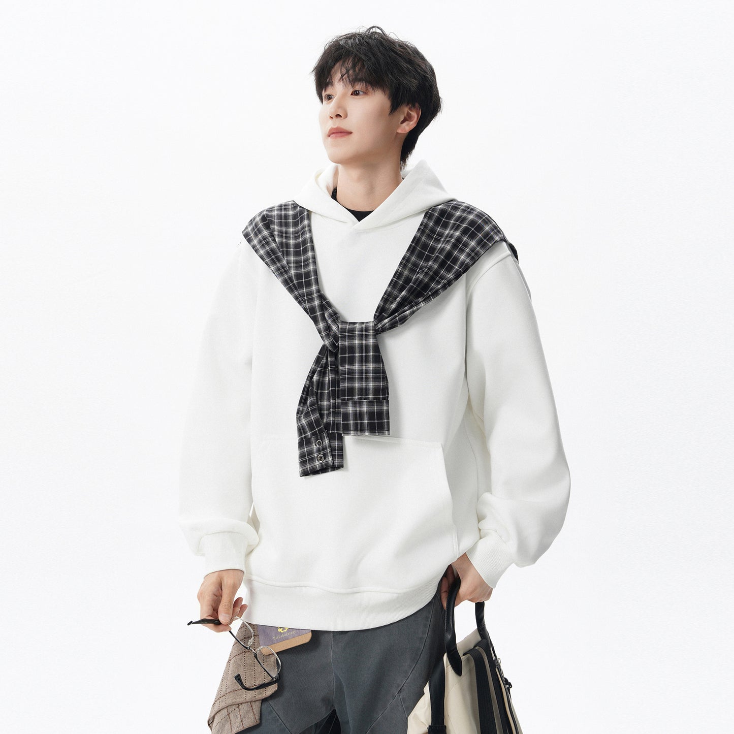 Checkered shawl fake two piece hoodie for men and women