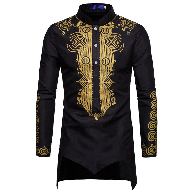 Long sleeved regular black youth all season universal stand up collar casual printed men's shirt