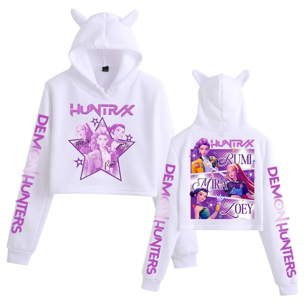 New K-POP Demon Hunter Girl Group Personality Women's Fashion Crop Top Cat Ear Hoodie