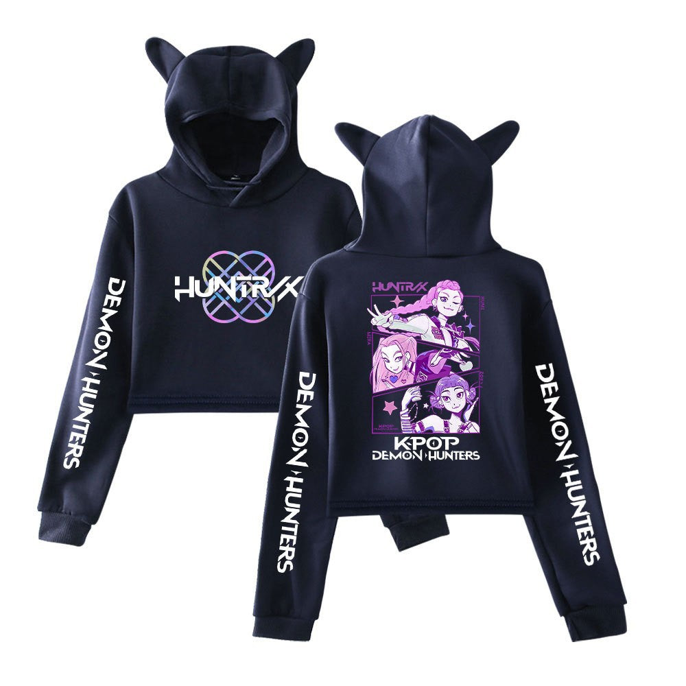 New K-POP Demon Hunter Girl Group Personality Women's Fashion Crop Top Cat Ear Hoodie