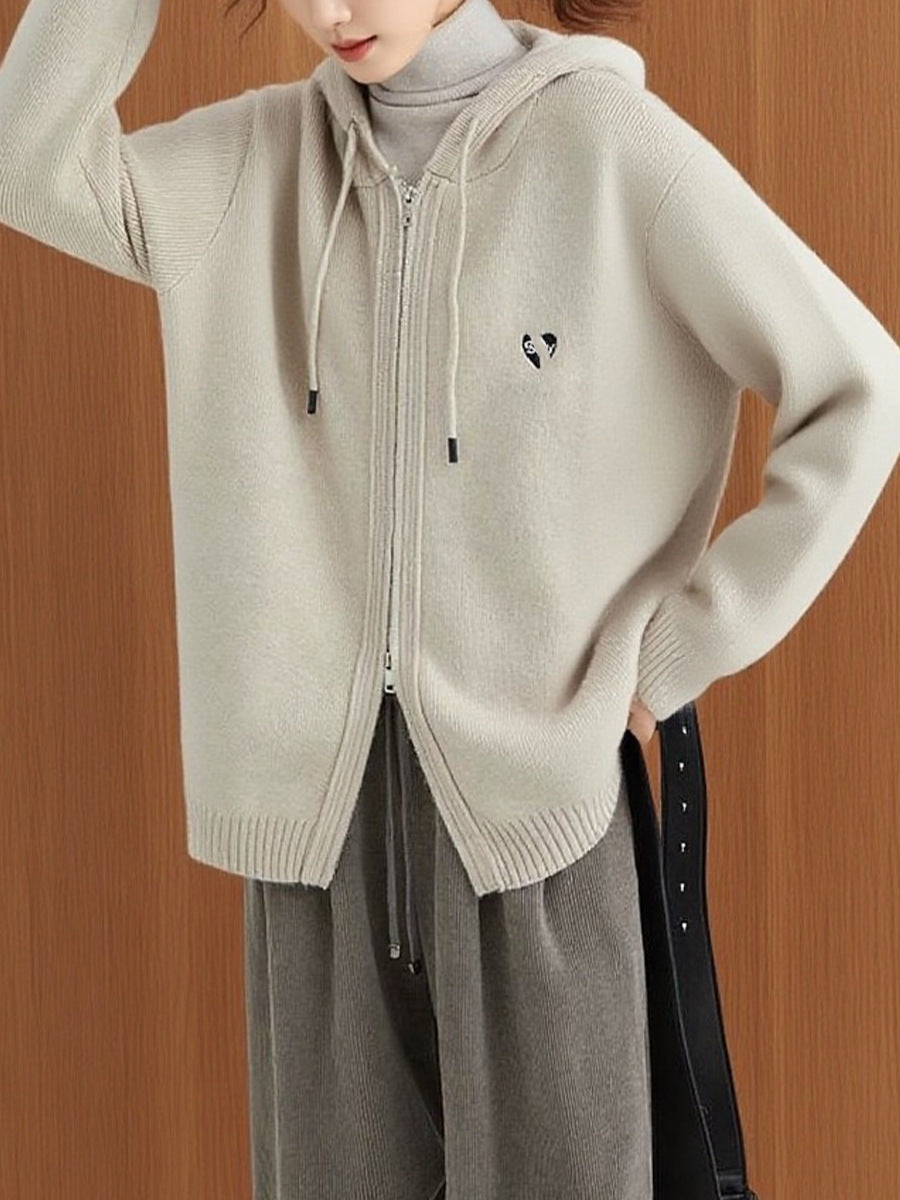 Hooded Double-Zip Knit Cardigan Women Loose Slim Casual Sweater Jacket