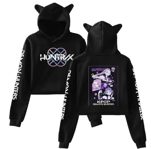 New K-POP Demon Hunter Girl Group Personality Women's Fashion Crop Top Cat Ear Hoodie