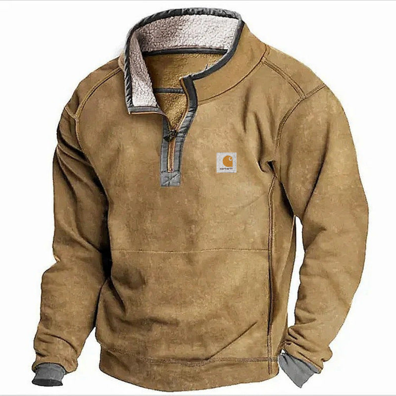 Men's Casual Hoodie with Stand Collar and Zipper Closure Fleece Lined Sweatshirt for Autumn and Winter