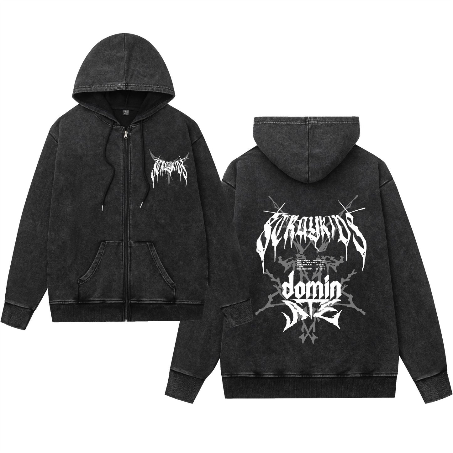 Washed Vintage Hooded Zip-Up Sweatshirt with Evil Cartoon Design