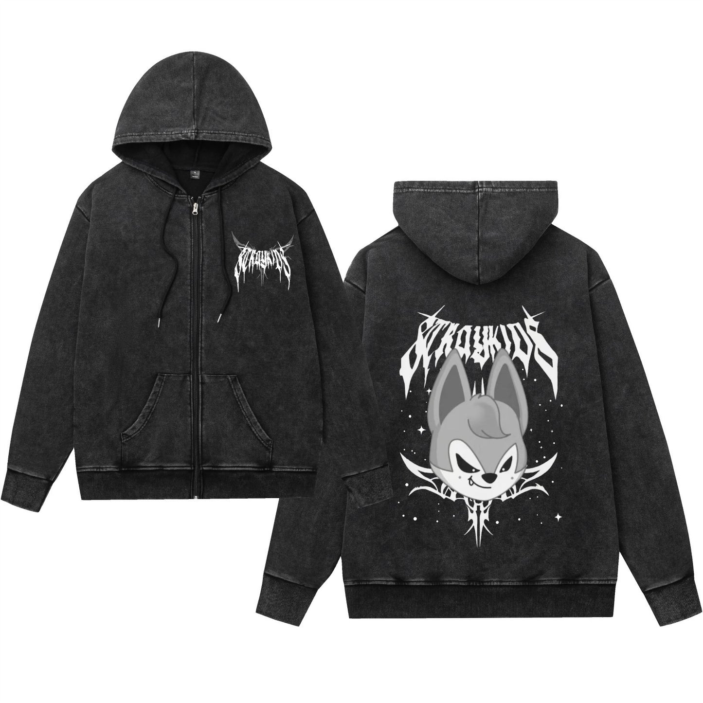 Washed Vintage Hooded Zip-Up Sweatshirt with Evil Cartoon Design