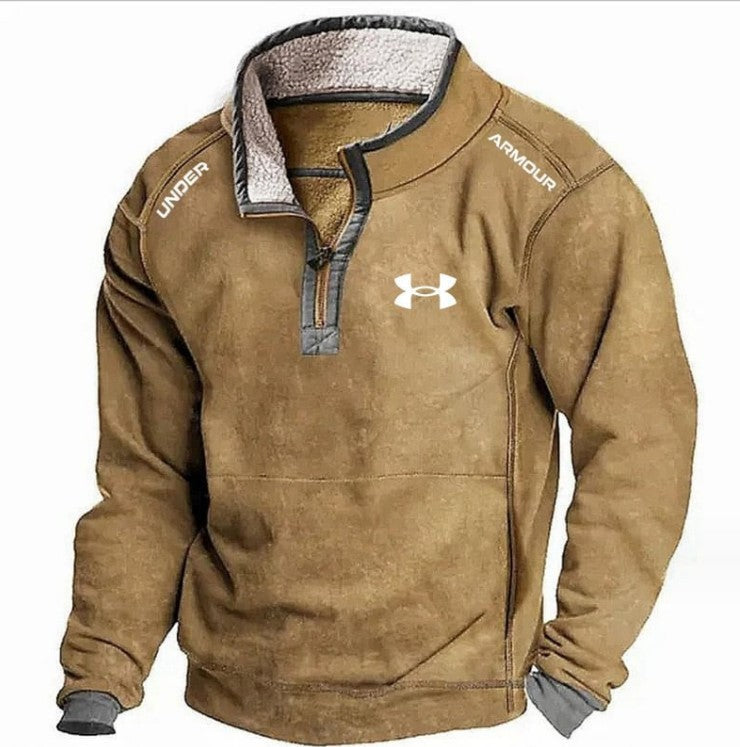 Men's Casual Hoodie with Stand Collar and Zipper Closure Fleece Lined Sweatshirt for Autumn and Winter