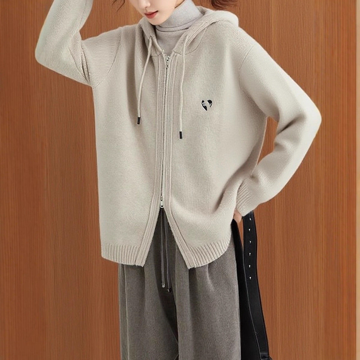 Hooded Double-Zip Knit Cardigan Women Loose Slim Casual Sweater Jacket