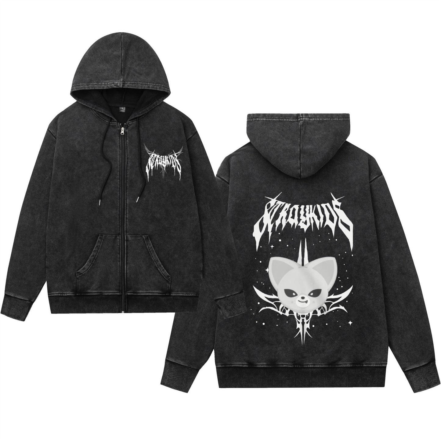 Washed Vintage Hooded Zip-Up Sweatshirt with Evil Cartoon Design