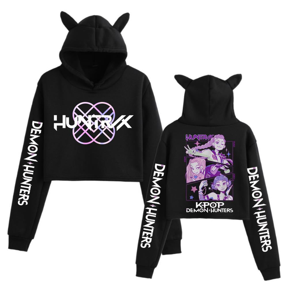 New K-POP Demon Hunter Girl Group Personality Women's Fashion Crop Top Cat Ear Hoodie
