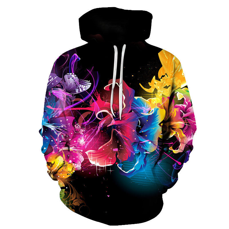 Rose digital print hooded sweatshirt, European and American fashion collection, loose oversized
