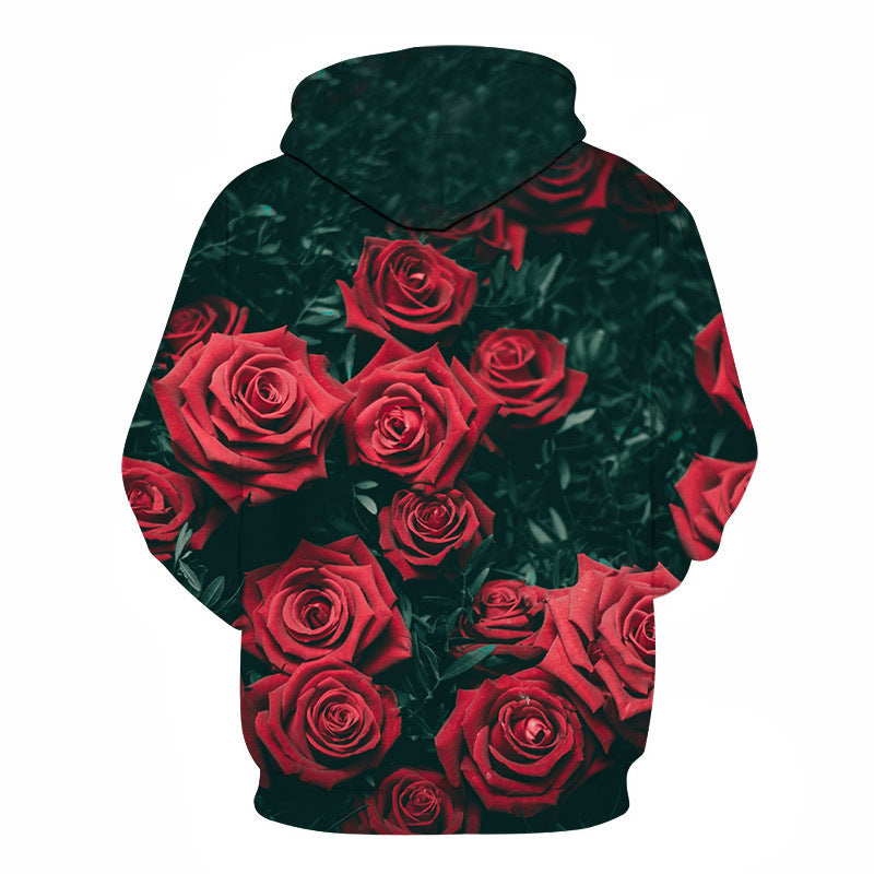 Rose digital print hooded sweatshirt, European and American fashion collection, loose oversized