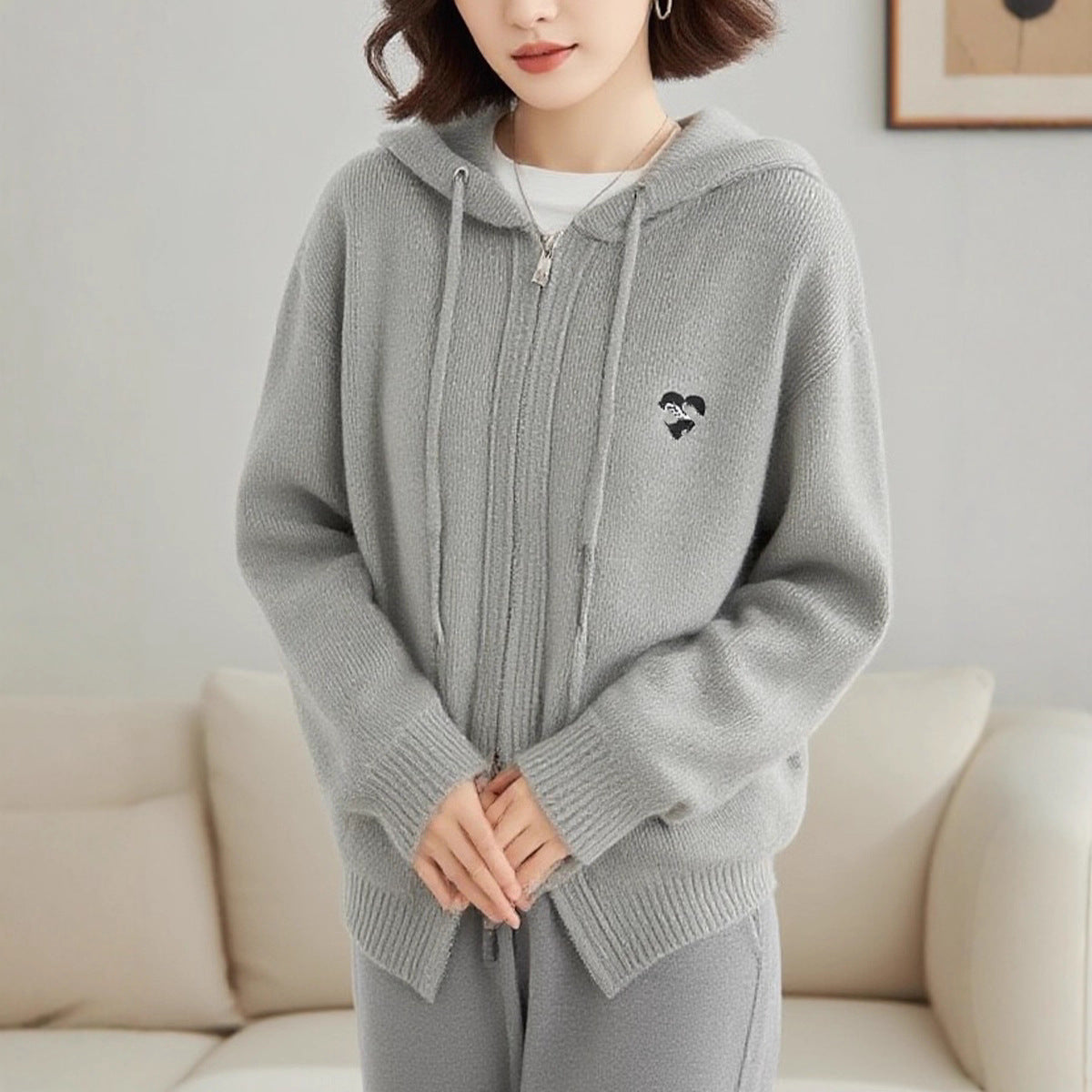Hooded Double-Zip Knit Cardigan Women Loose Slim Casual Sweater Jacket