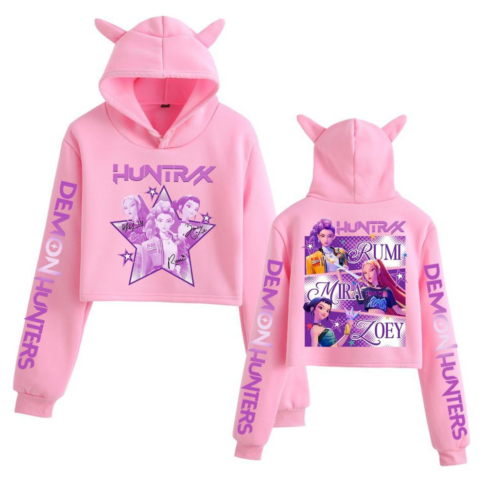 New K-POP Demon Hunter Girl Group Personality Women's Fashion Crop Top Cat Ear Hoodie