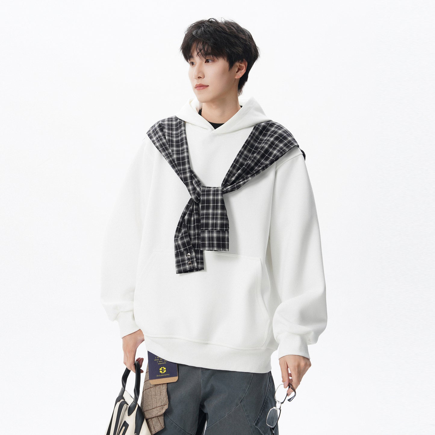 Checkered shawl fake two piece hoodie for men and women