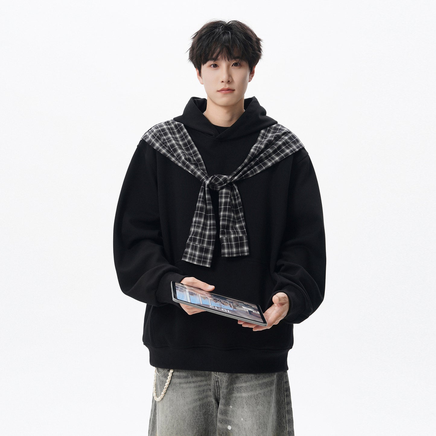 Checkered shawl fake two piece hoodie for men and women