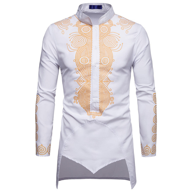 Long sleeved regular black youth all season universal stand up collar casual printed men's shirt