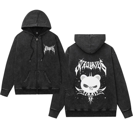 Washed Vintage Hooded Zip-Up Sweatshirt with Evil Cartoon Design