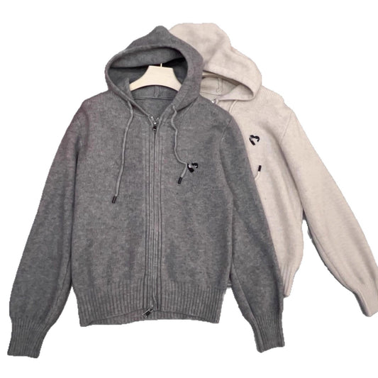 Hooded Double-Zip Knit Cardigan Women Loose Slim Casual Sweater Jacket
