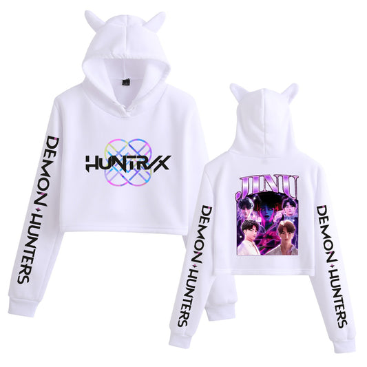 New K-POP Demon Hunter Girl Group  Personality Women's Fashion Crop Top Cat Ear Hoodie