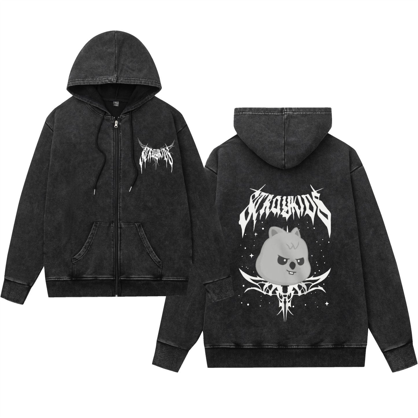 Washed Vintage Hooded Zip-Up Sweatshirt with Evil Cartoon Design