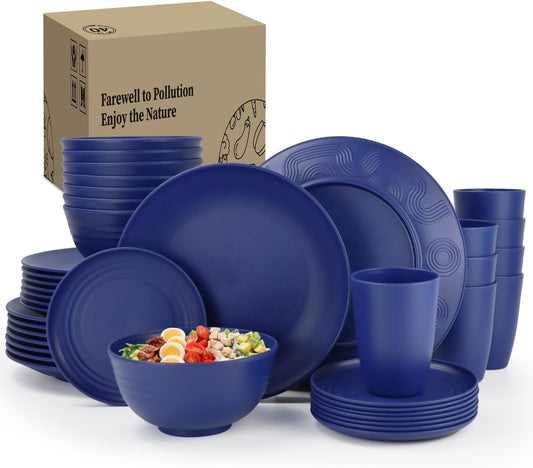 40 Pcs Wheat Straw Dinnerware Sets, Dinner Plates, Cups, Pasta Bowls, Dishes Set for 8, Microwave Safe Plates and Bowls Sets, Blue