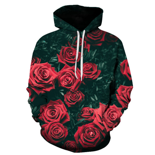 Rose digital print hooded sweatshirt, European and American fashion collection, loose oversized