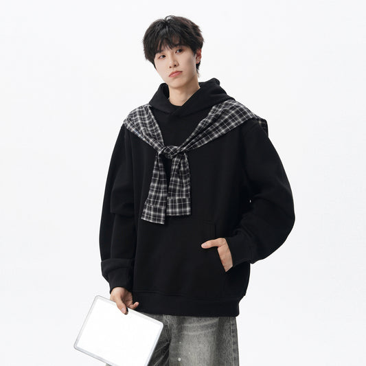 Checkered shawl fake two piece hoodie for men and women